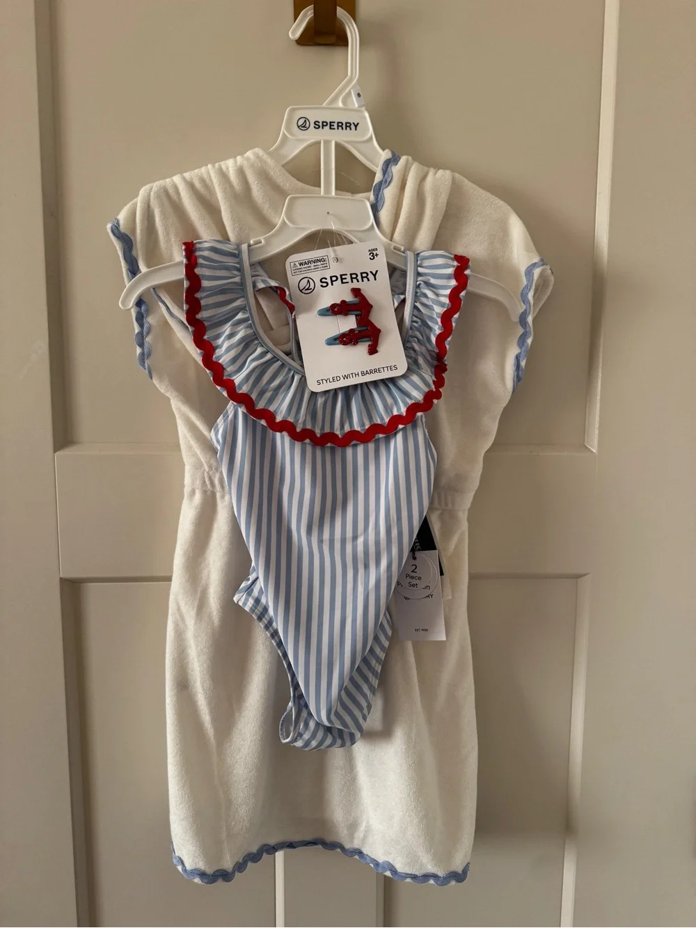 NWT Sperry Kids Striped Ruffle Swimsuit with Red Trim coverup bow size 6
